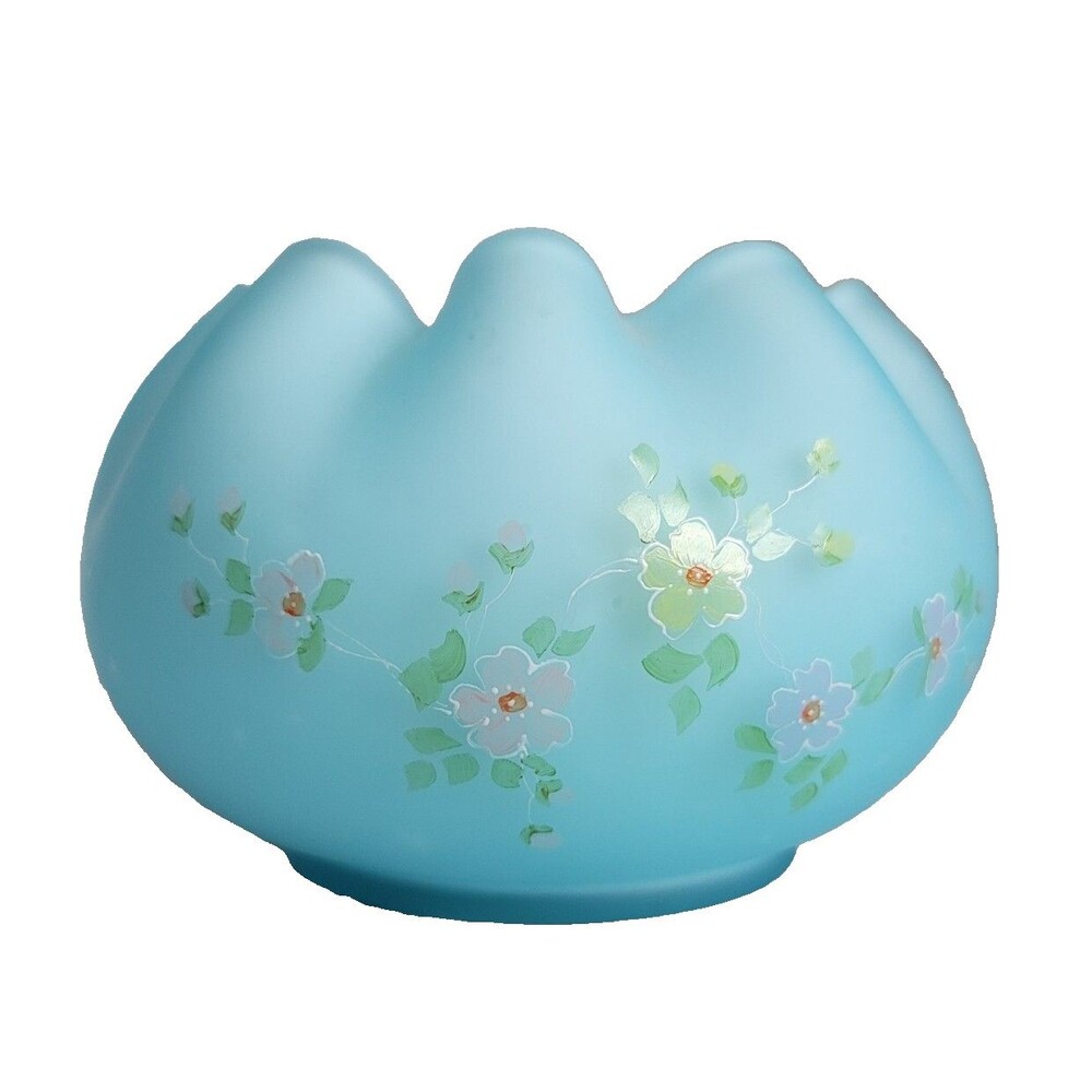 Fenton Bohemian Rose Bowl Blue Satin Milk Glass Signed Hand Painted Flowers Vase